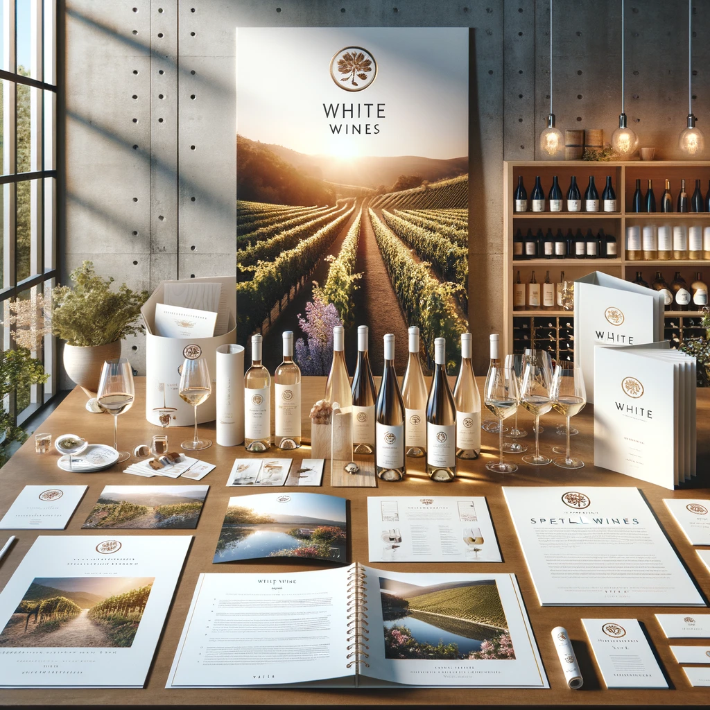 Ogni elemento di questa immagine coordinata sarà progettato per comunicare visivamente la qualità superiore e la cura dei dettagli che l'azienda dedica alla produzione dei suoi vini. Brochure: Aperta per mostrare immagini ad alta risoluzione dei vigneti luminosi al tramonto e delle moderne strutture di vinificazione, accompagnate da descrizioni che evidenziano la passione per la viticoltura sostenibile e l'arte della vinificazione dei vini bianchi. Catalogo: Presenta un elenco dettagliato dei vini bianchi offerti, con note di degustazione, suggerimenti di abbinamento e storie dietro ogni bottiglia, illustrando l'unicità del terroir. Cartellina: Design elegante con il logo dell'azienda in rilievo, utilizzata per contenere materiali informativi e documenti ufficiali, simbolo di professionalità e attenzione al cliente. Carta intestata e depliant: Seguono lo schema di colori e design, con la carta intestata pronta per la corrispondenza aziendale e il depliant che offre una panoramica sulle visite guidate, le degustazioni speciali e gli eventi esclusivi nella cantina. Biglietto da visita: Minimalista, con i dettagli di contatto del proprietario o dell'enologo, riflette l'impegno personale nell'eccellenza e nella condivisione della passione per i vini bianchi. Tovaglietta di carta e sottobicchiere: Usati durante le degustazioni, presentano il logo e magari un delicato motivo a vigna, arricchendo l'esperienza di degustazione con un tocco di brand distintivo. Rollup: Posizionato all'entrata della sala degustazione o in punti strategici, mostra un'immagine accattivante del vigneto o della cantina, con il logo dell'azienda e uno slogan che invita a scoprire i segreti dei suoi vini bianchi.